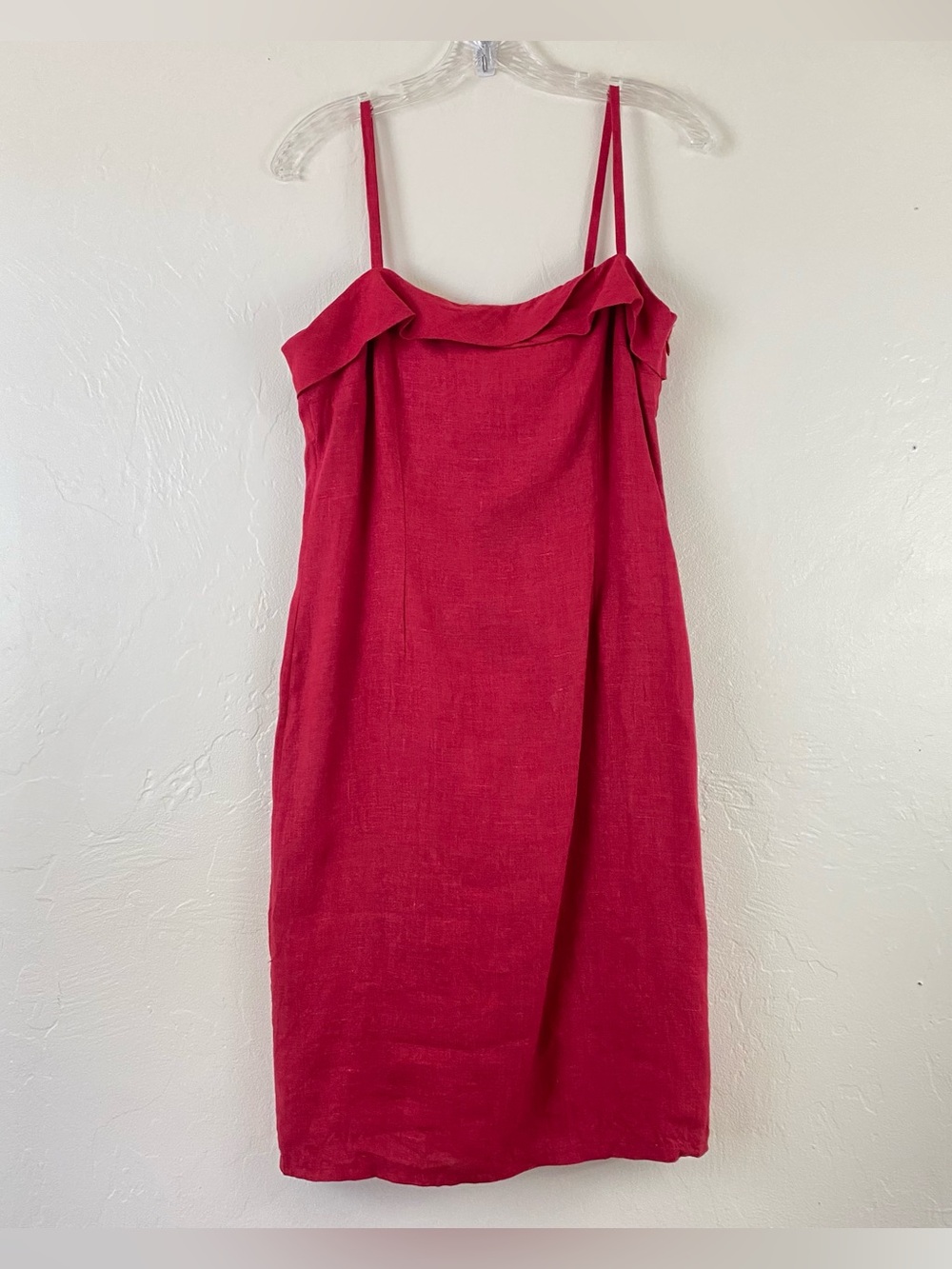 Mark’s Size 48 Red Linen Spaghetti Strap Square Neck Formfitting Midi Dress